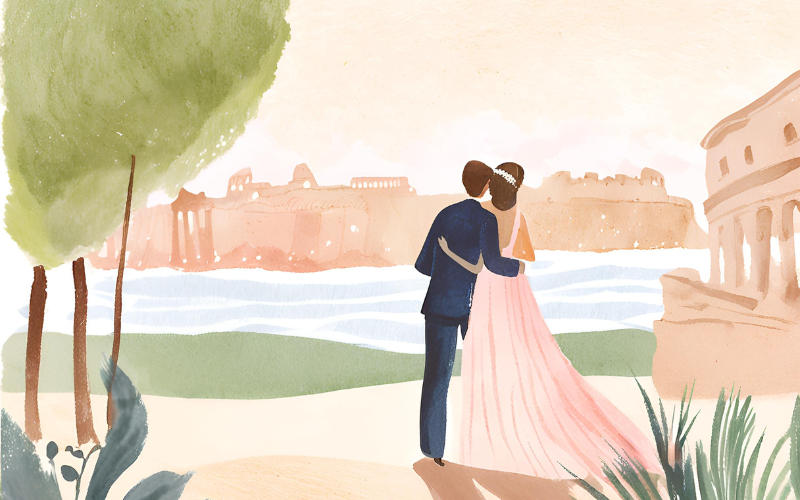 Paar vor der skyline von Rom, Destination Wedding